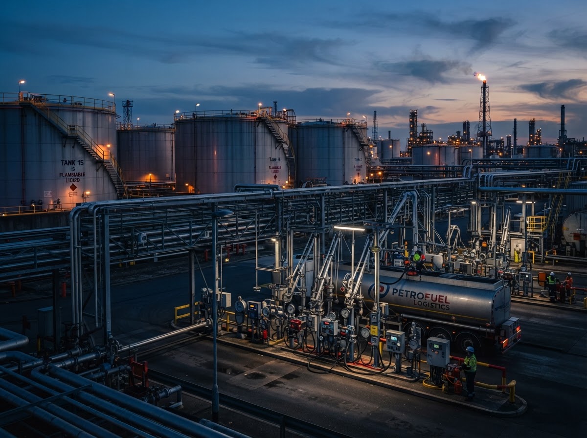 Planta mayorista de combustibles con brazos de carga y tanques de gran volumen