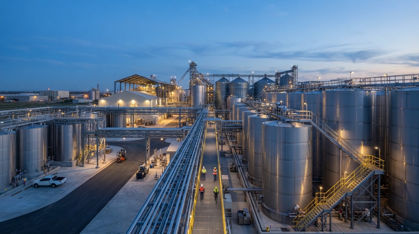 Planta agroindustrial con tanques y silos de acero inoxidable