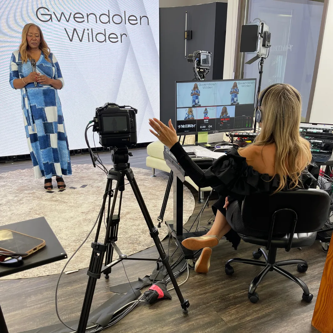 Gwendolen Wilder in studio praying and preparing before live broadcast