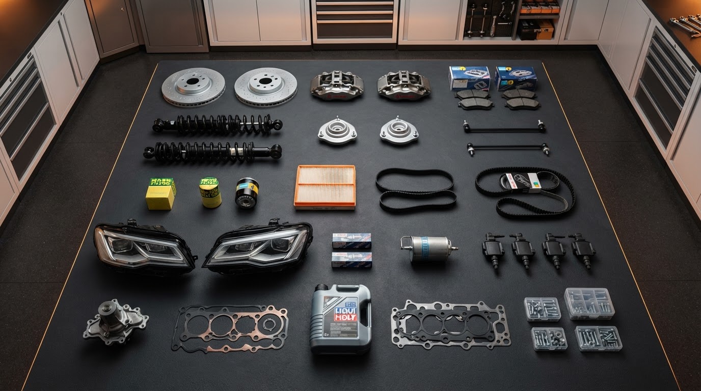 Neatly arranged selection of engine, brake, suspension and service parts on a clean Morris Garage workshop surface