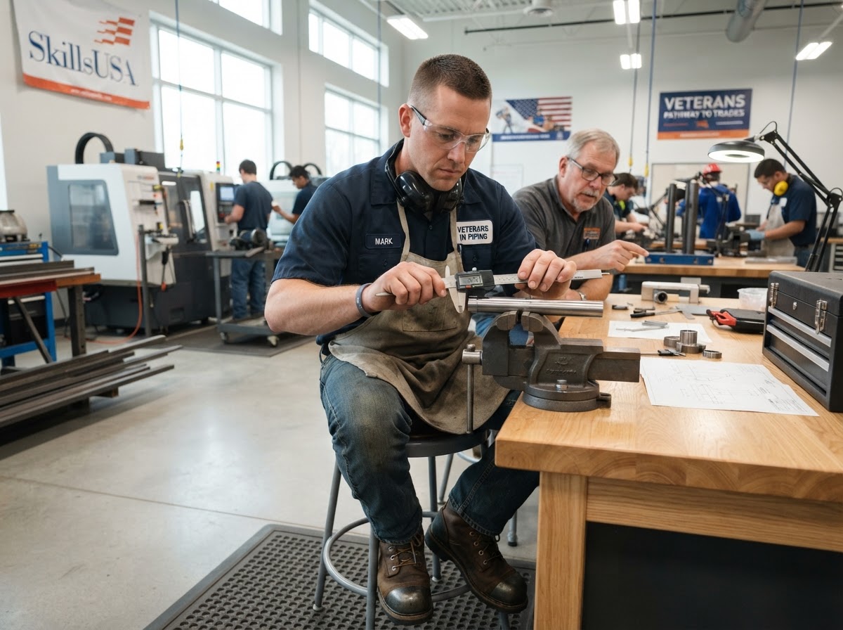 A veteran transitioning toward skilled-trade work engaged in precision technical vocational training