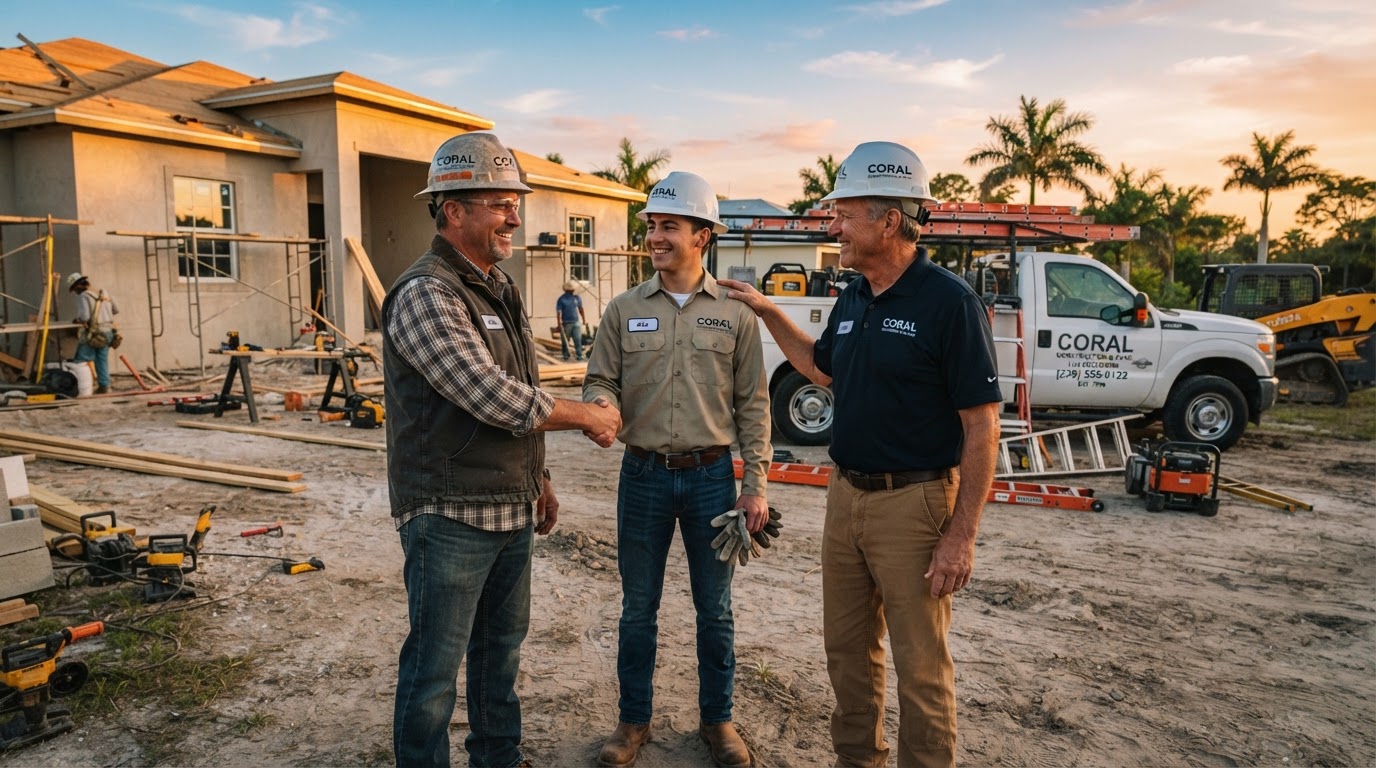 A contractor shaking hands with a young apprentice at a job site