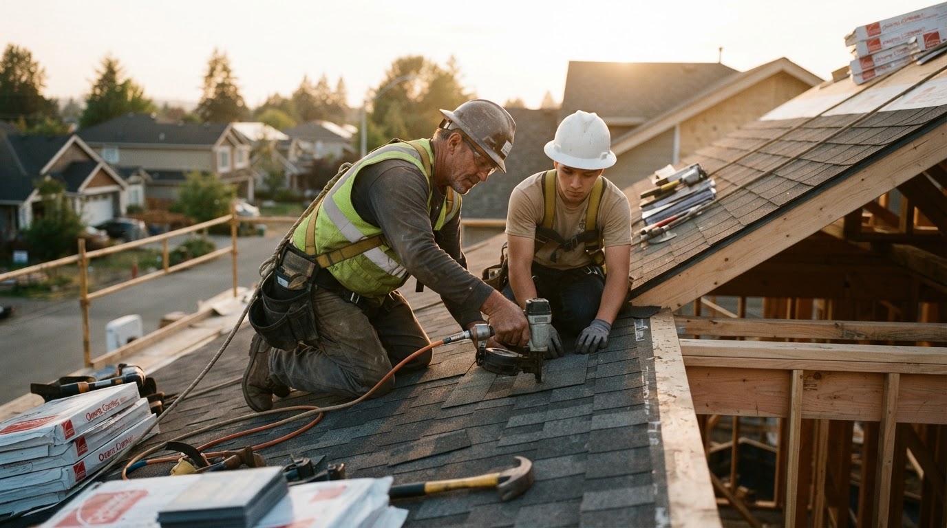 An experienced contractor working alongside an apprentice at a job site