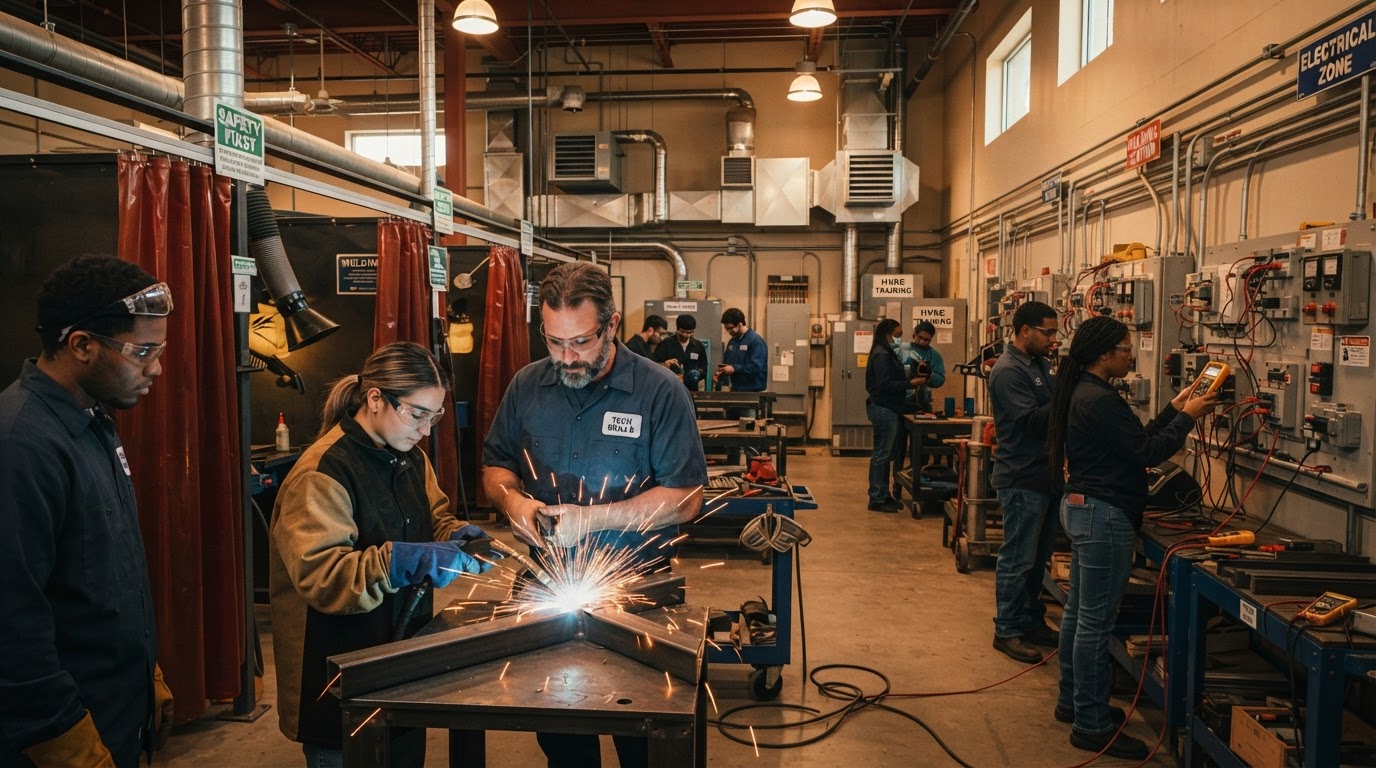 Students and an instructor working together in a modern vocational training environment
