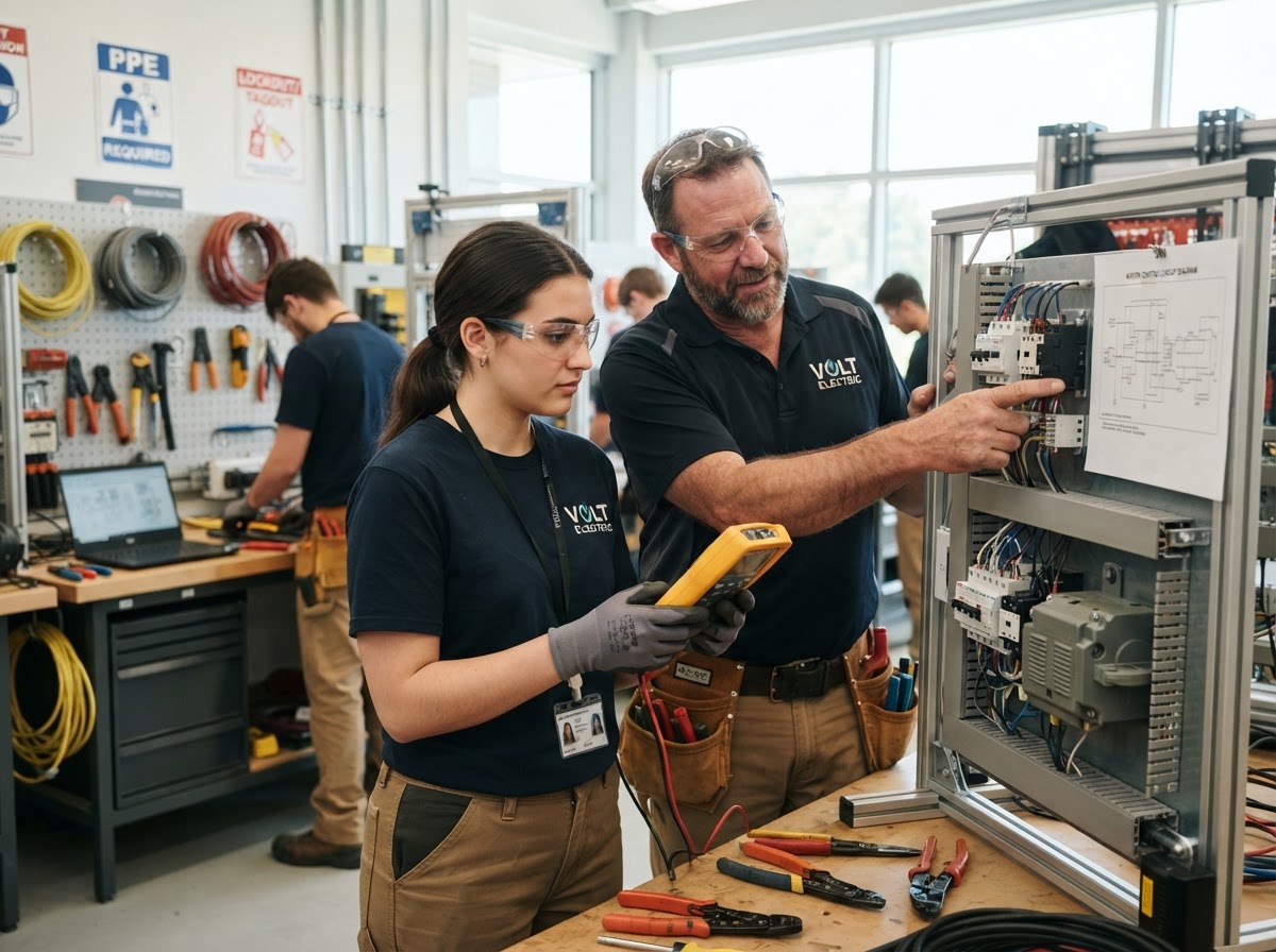 A young adult apprentice receiving hands-on technical instruction in a modern workshop