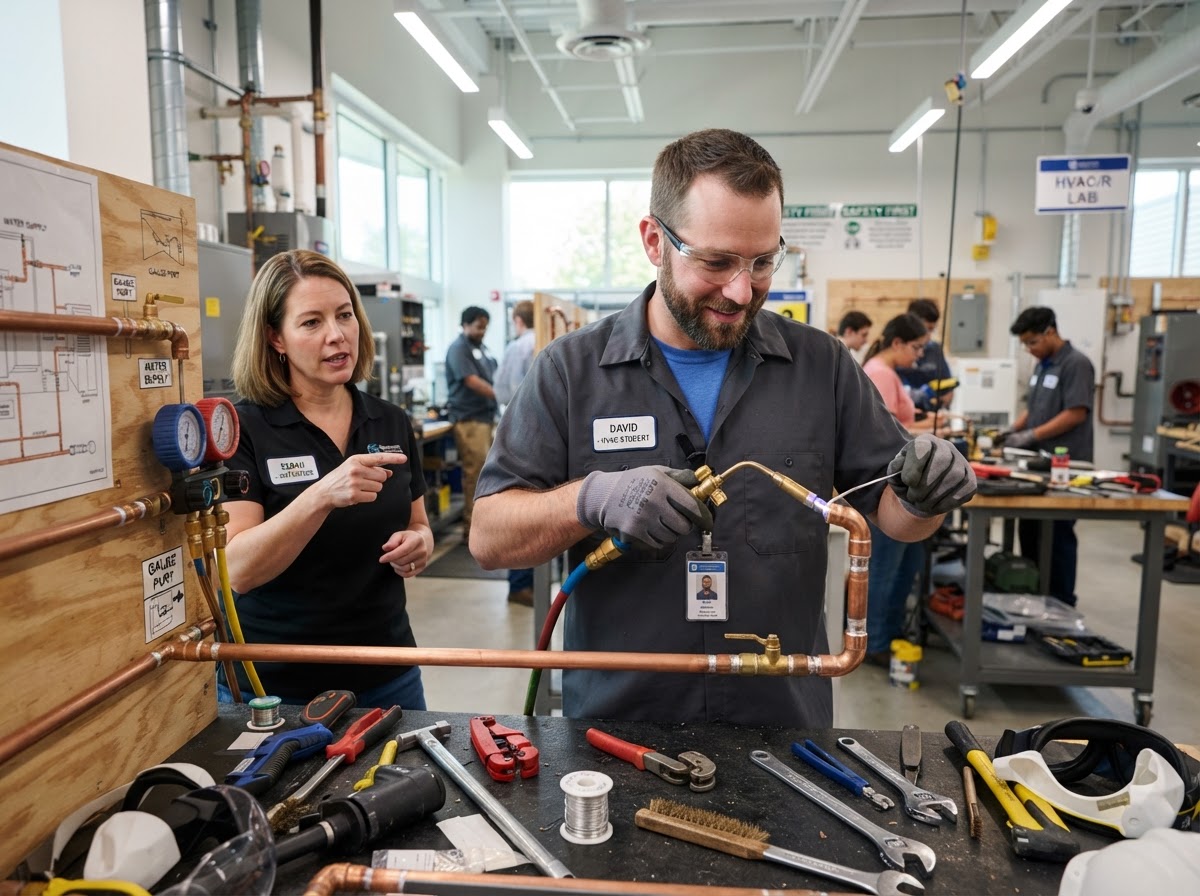 An adult career changer practicing hands-on mechanical and technical trade skills