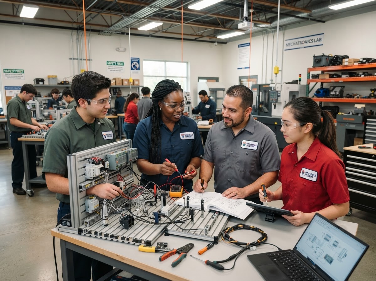 Adult learners collaborating around a technical trade training workbench
