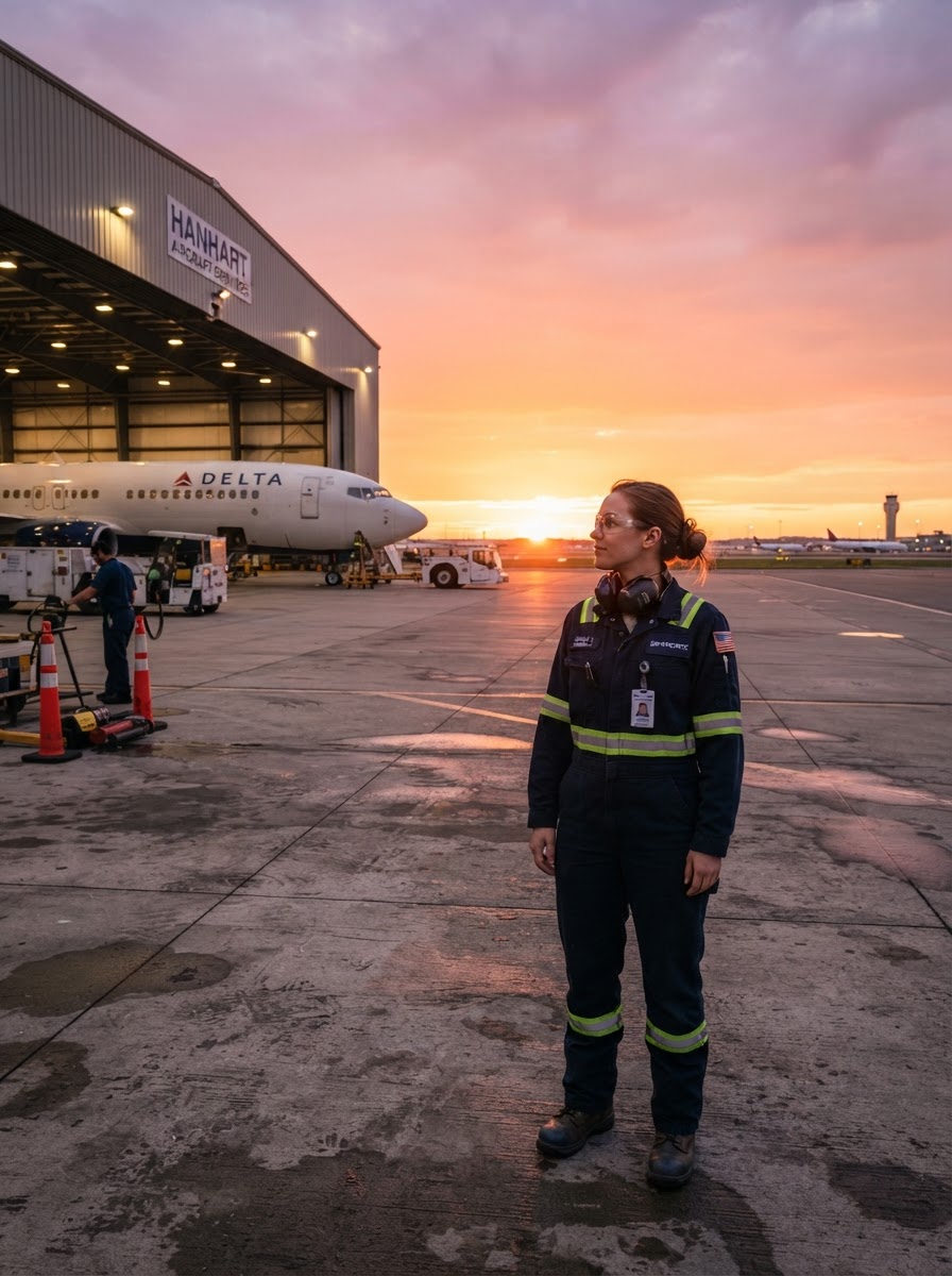 An aviation mechanic on an airfield apron facing the sunset