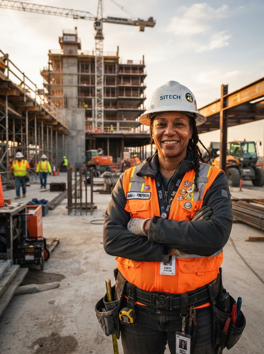 A construction and skilled tradesperson in hard hat and safety vest