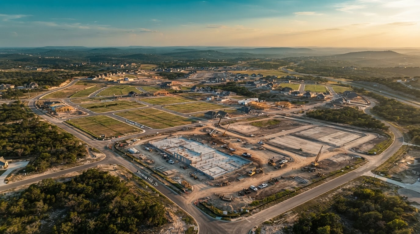Drone Video Production in San Antonio — aerial drone view over a developing land site at golden hour, with roads and building pads visible from above