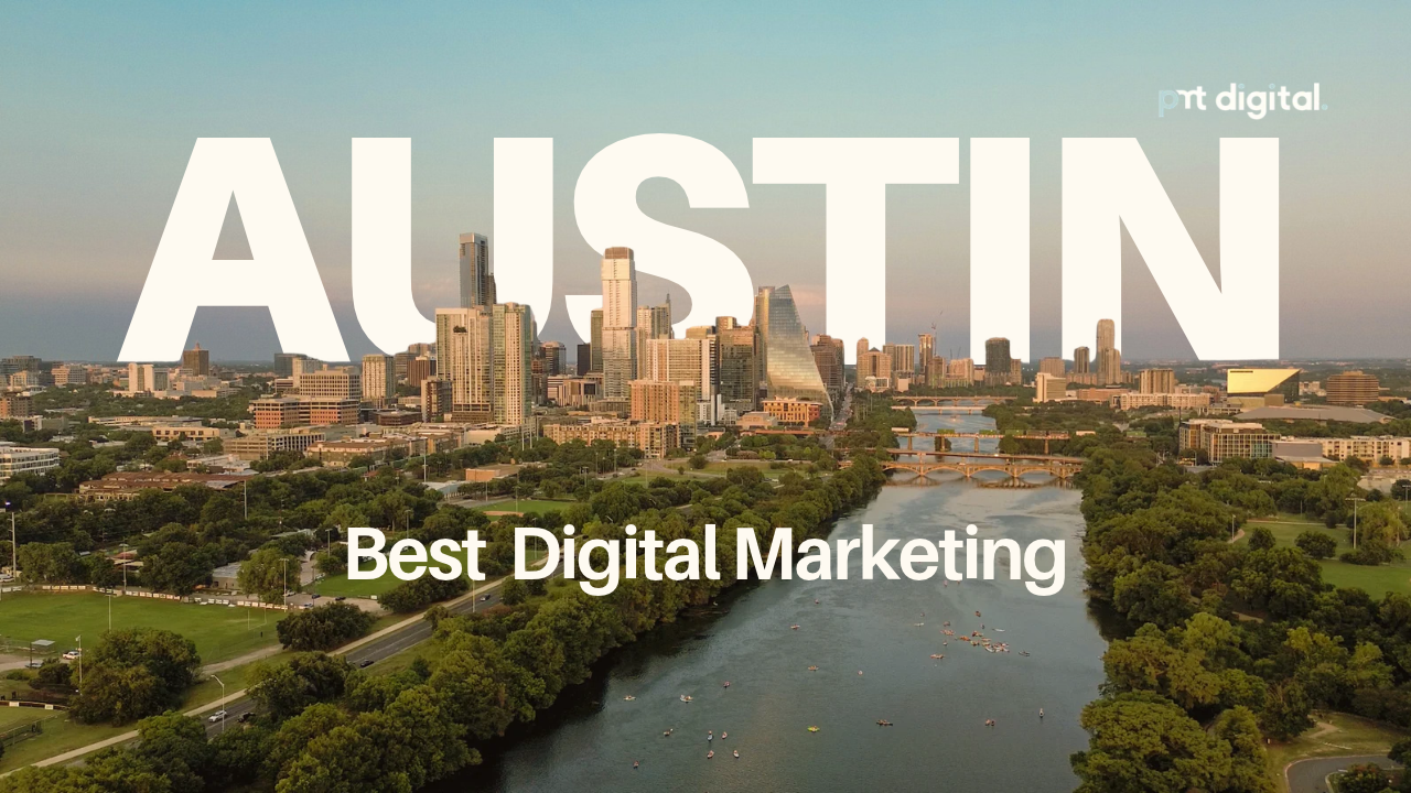 Austin Best Digital Marketing — PMT Digital cinematic aerial view of Austin skyline and Lady Bird Lake