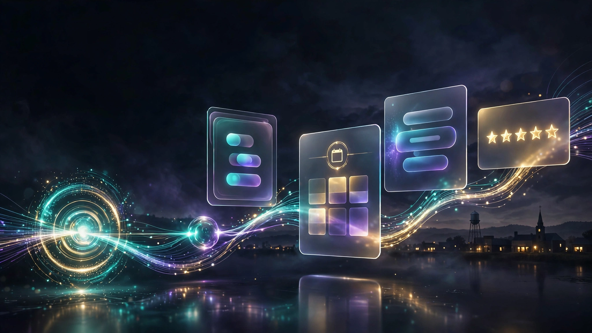 Marketing automation in New Braunfels — futuristic workflow of instant lead follow-up, reminders, and five-star reviews over the New Braunfels skyline at dusk