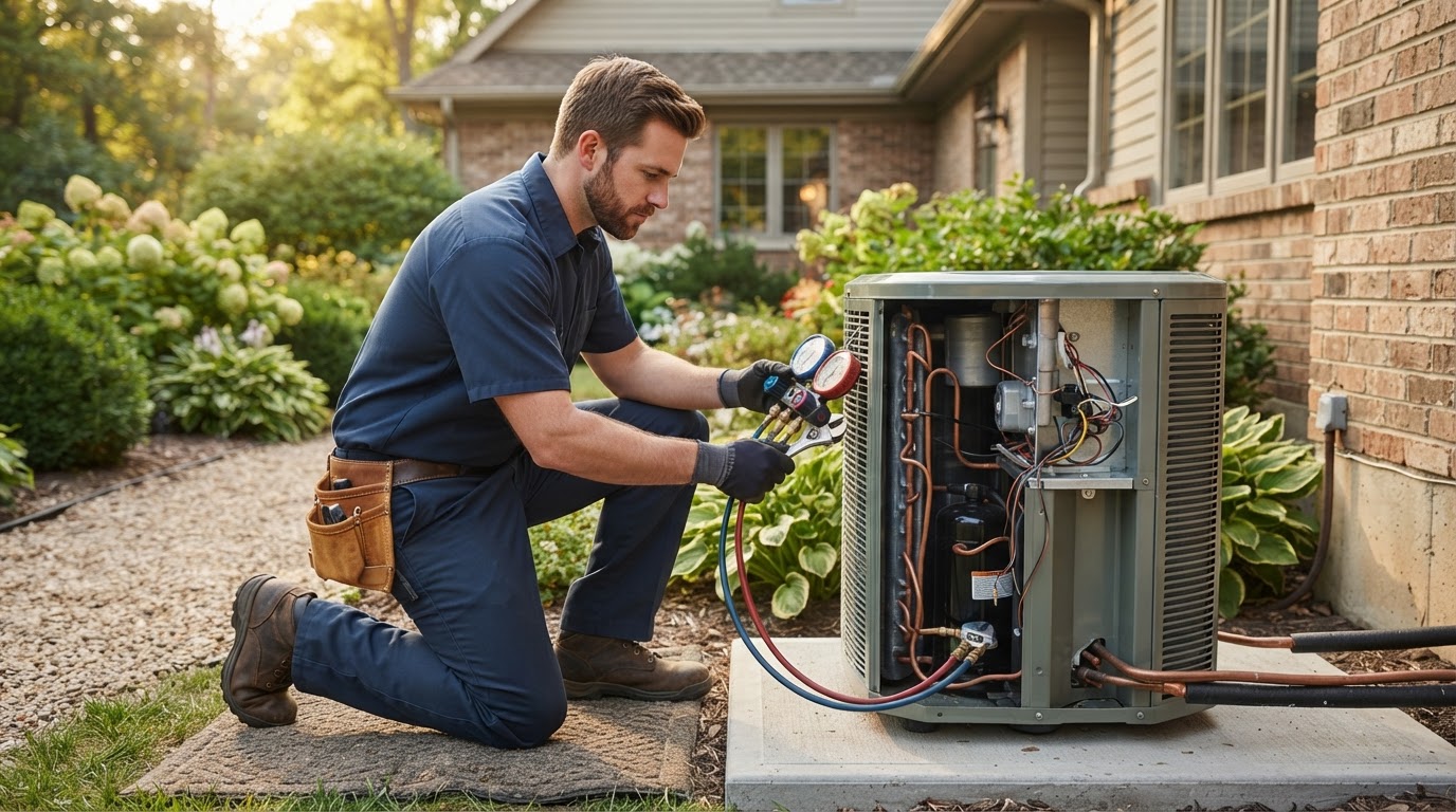 HVAC technician servicing a residential air conditioning unit
