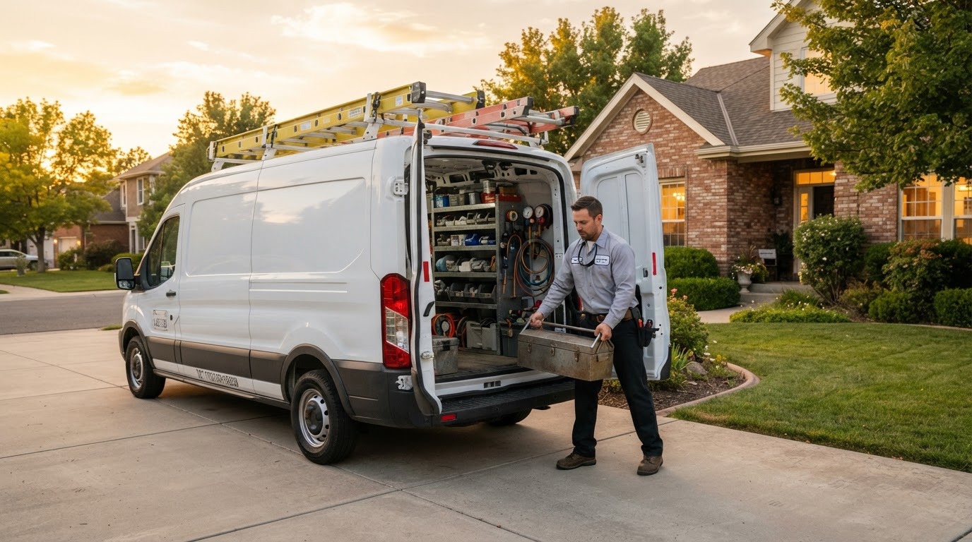 HVAC service van parked in a residential driveway at golden hour