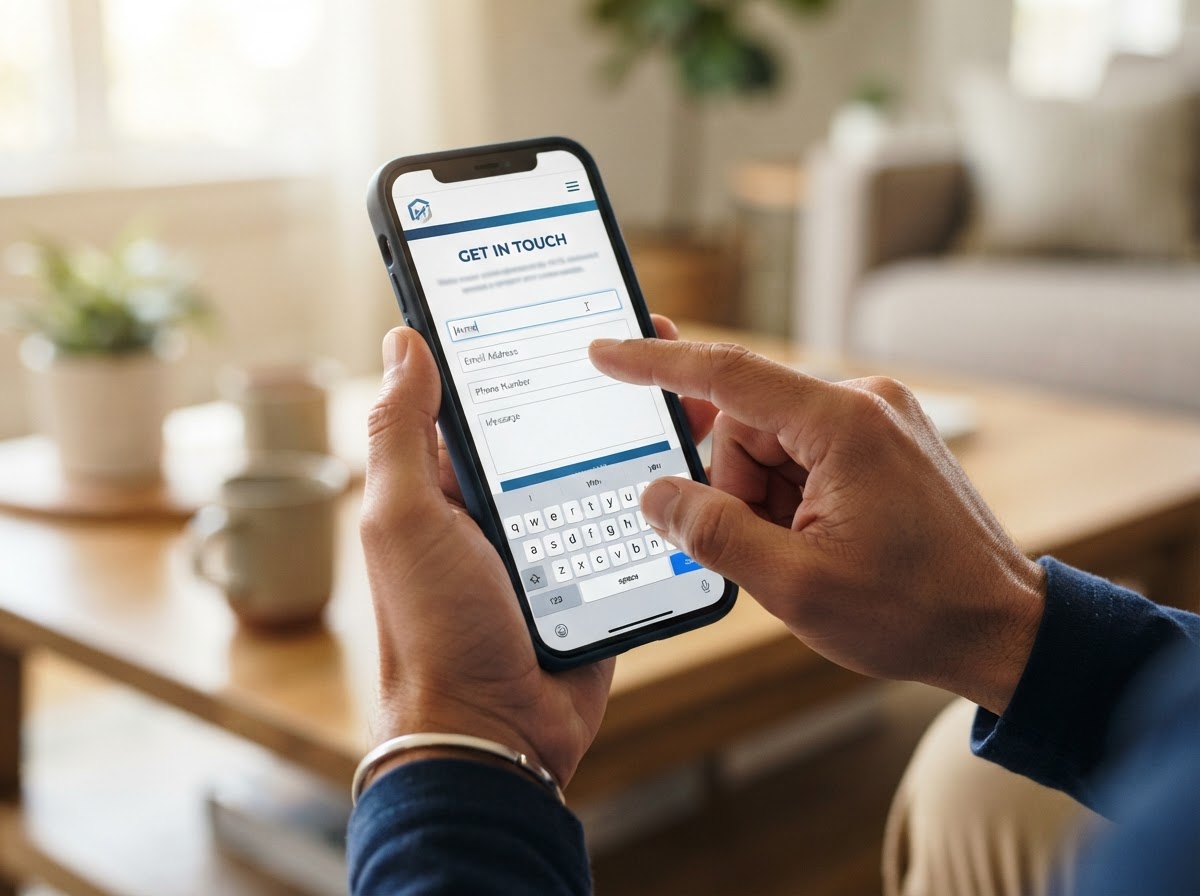 A hand filling out a contact form on a smartphone