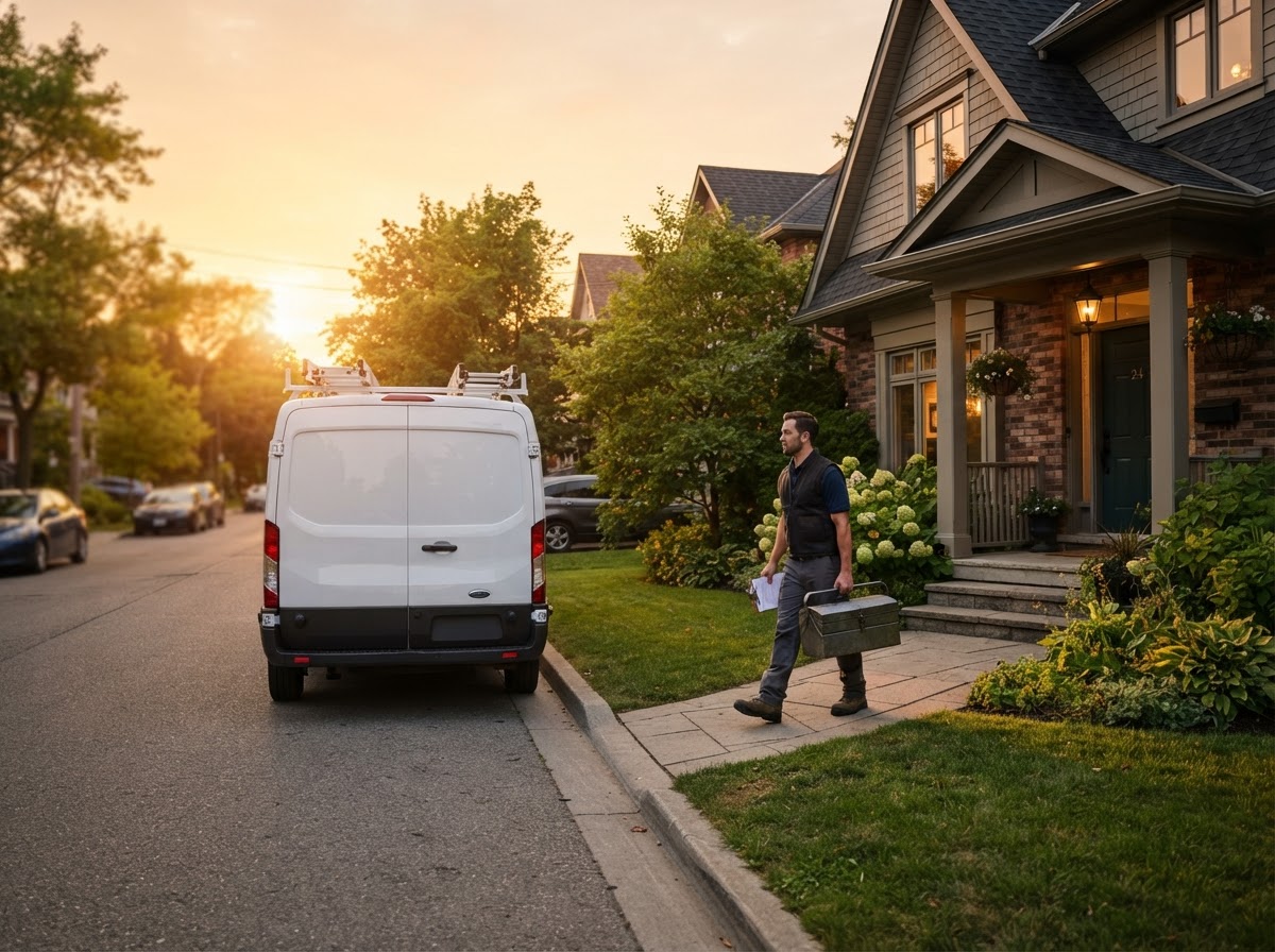 HVAC service van parked in front of a residential home at golden hour
