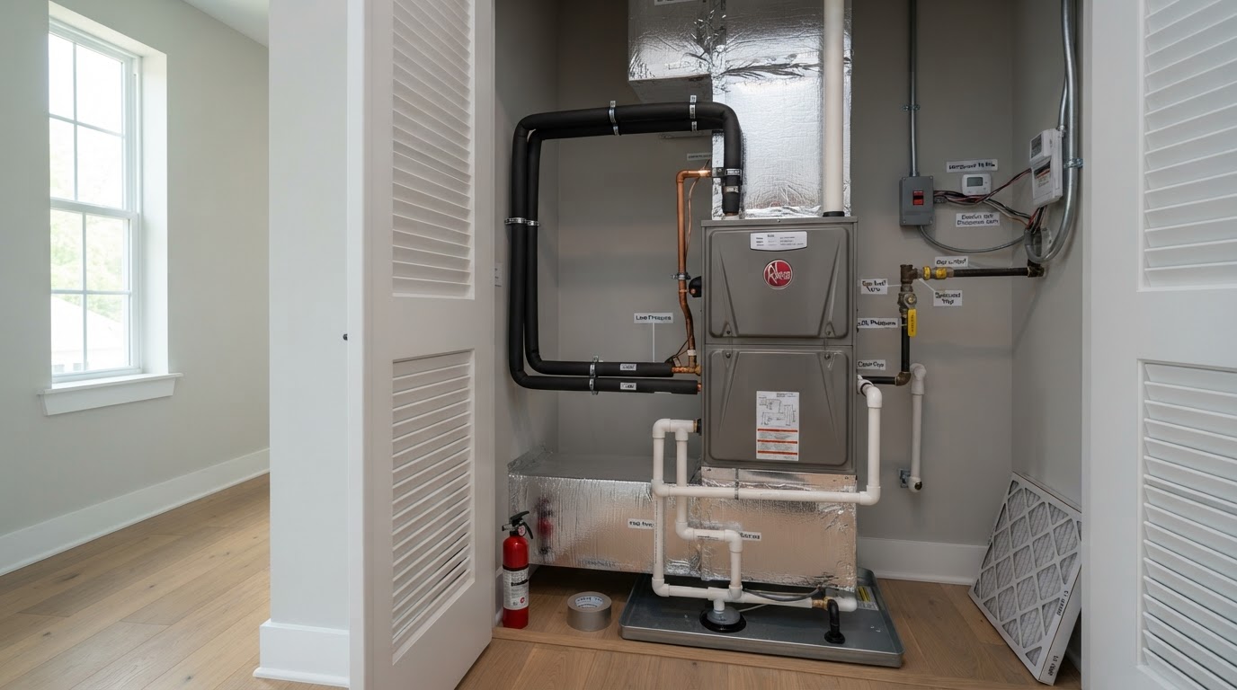 Cleanly installed residential HVAC furnace and air handler in a utility closet
