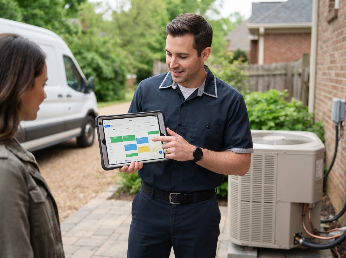 Appointment booking interface on a tablet held by an HVAC technician