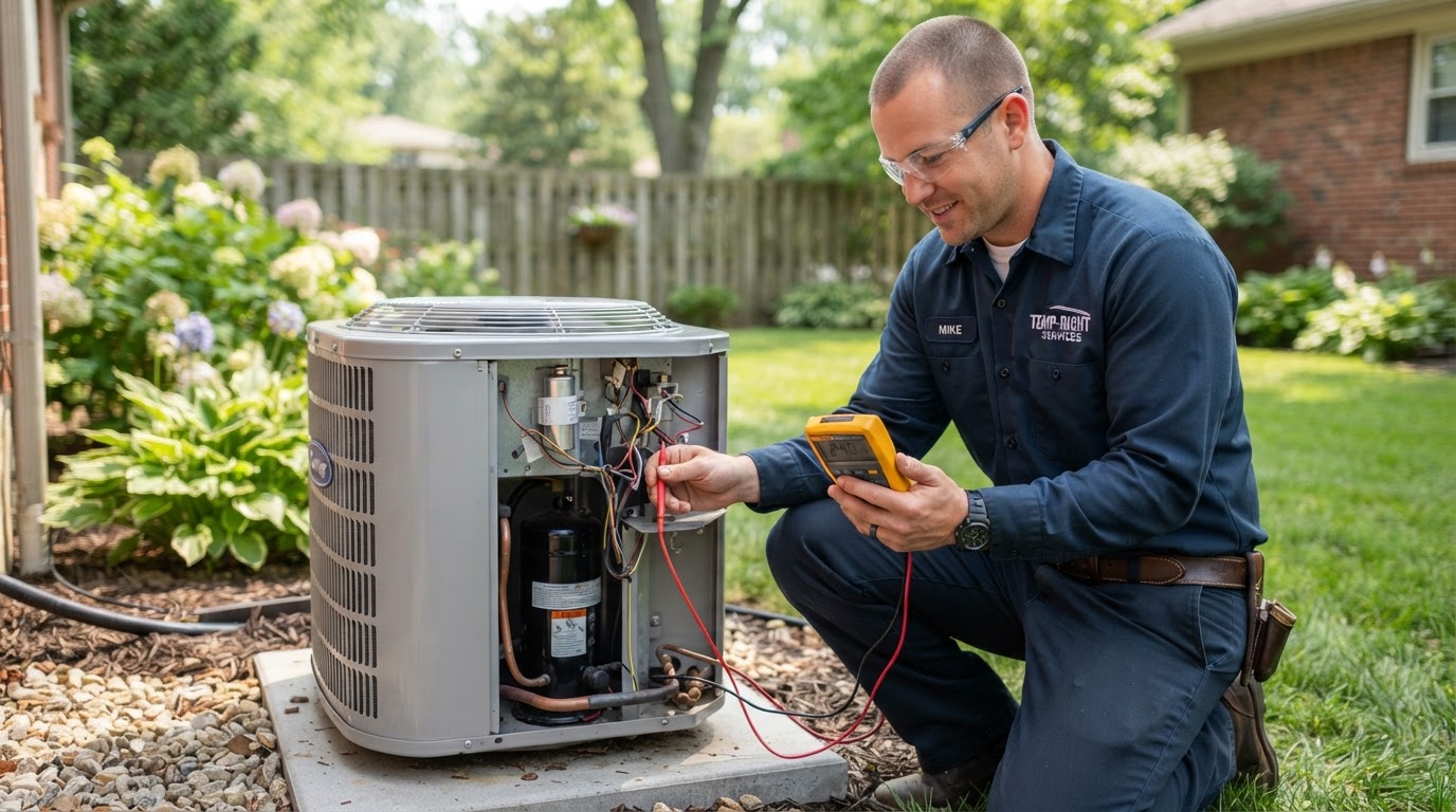 HVAC technician servicing a residential air conditioning condenser unit