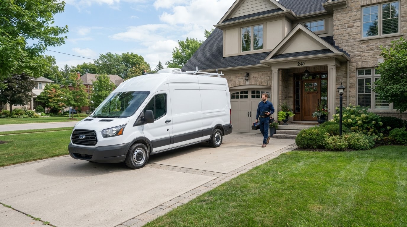 HVAC service van parked at a residential home