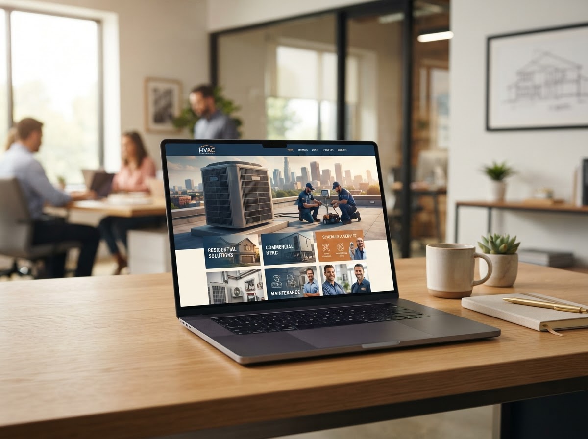 Professional website design shown on a laptop in an HVAC office