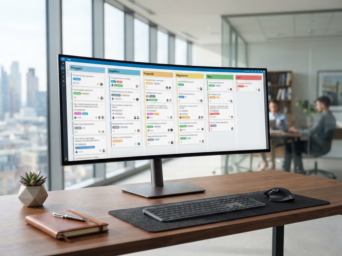 Monitor displaying a CRM pipeline board on a clean office desk