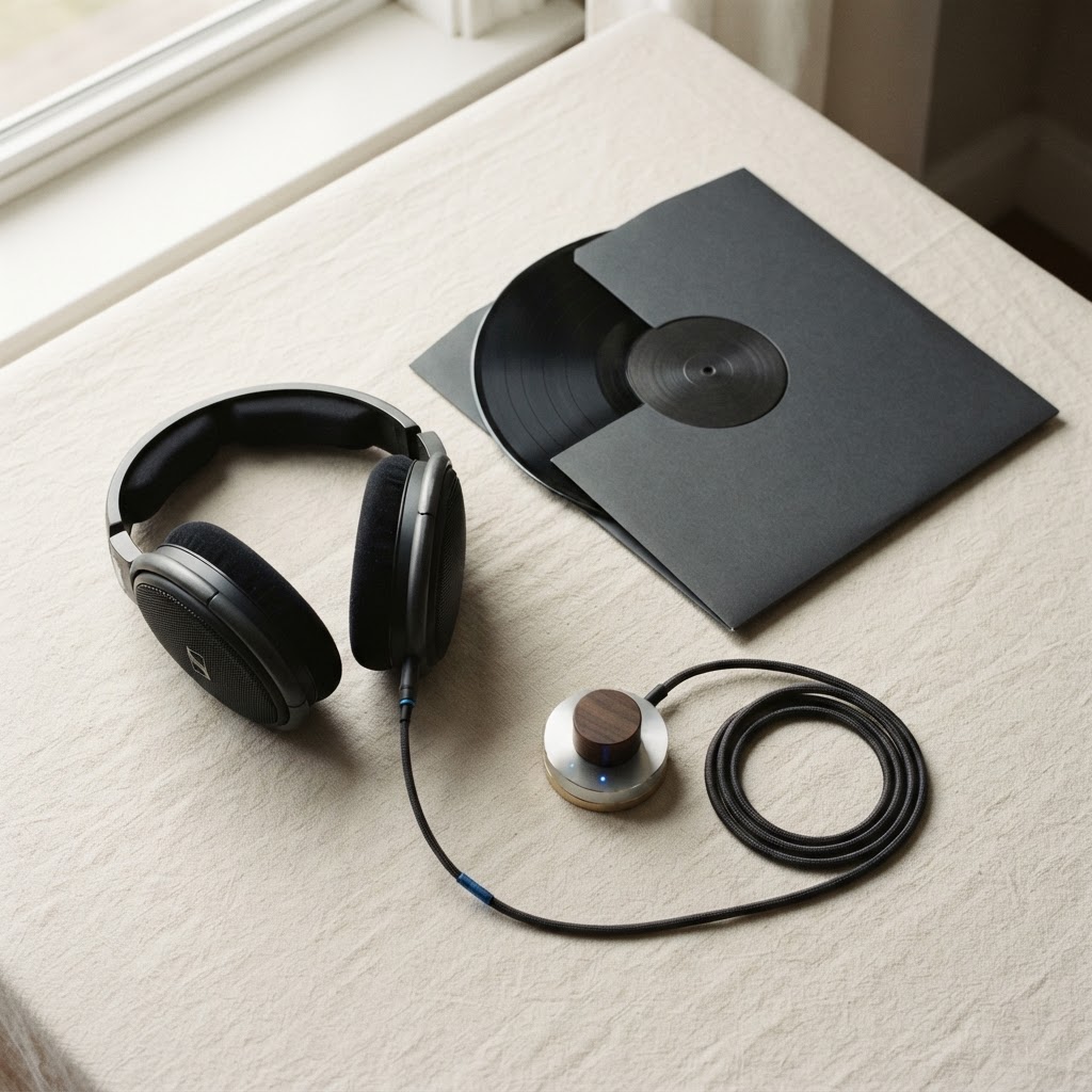 Premium over-ear headphones beside a vinyl record half out of its sleeve.