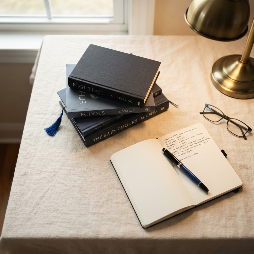 A stack of novels with an open notebook and fountain pen under warm reading light.