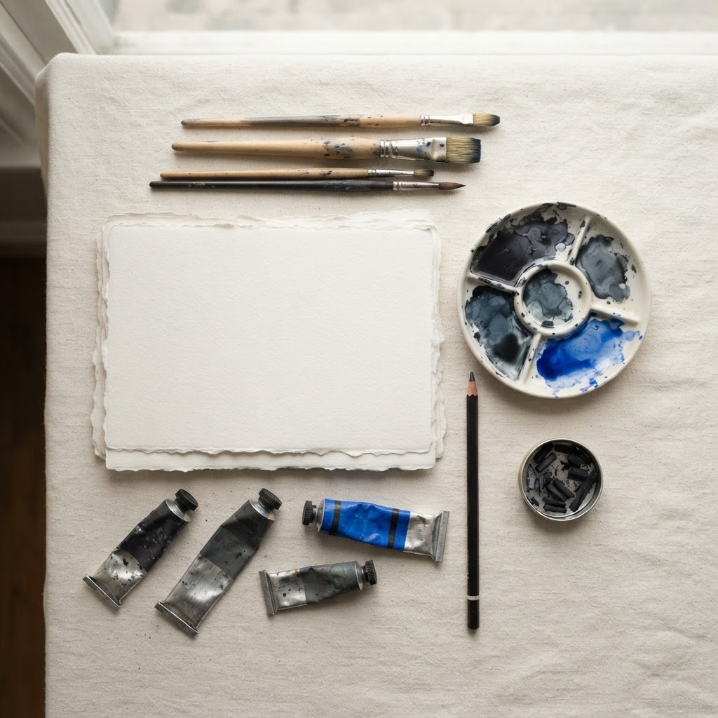 Art supplies: paintbrushes, watercolor tubes, and textured cotton paper on linen.