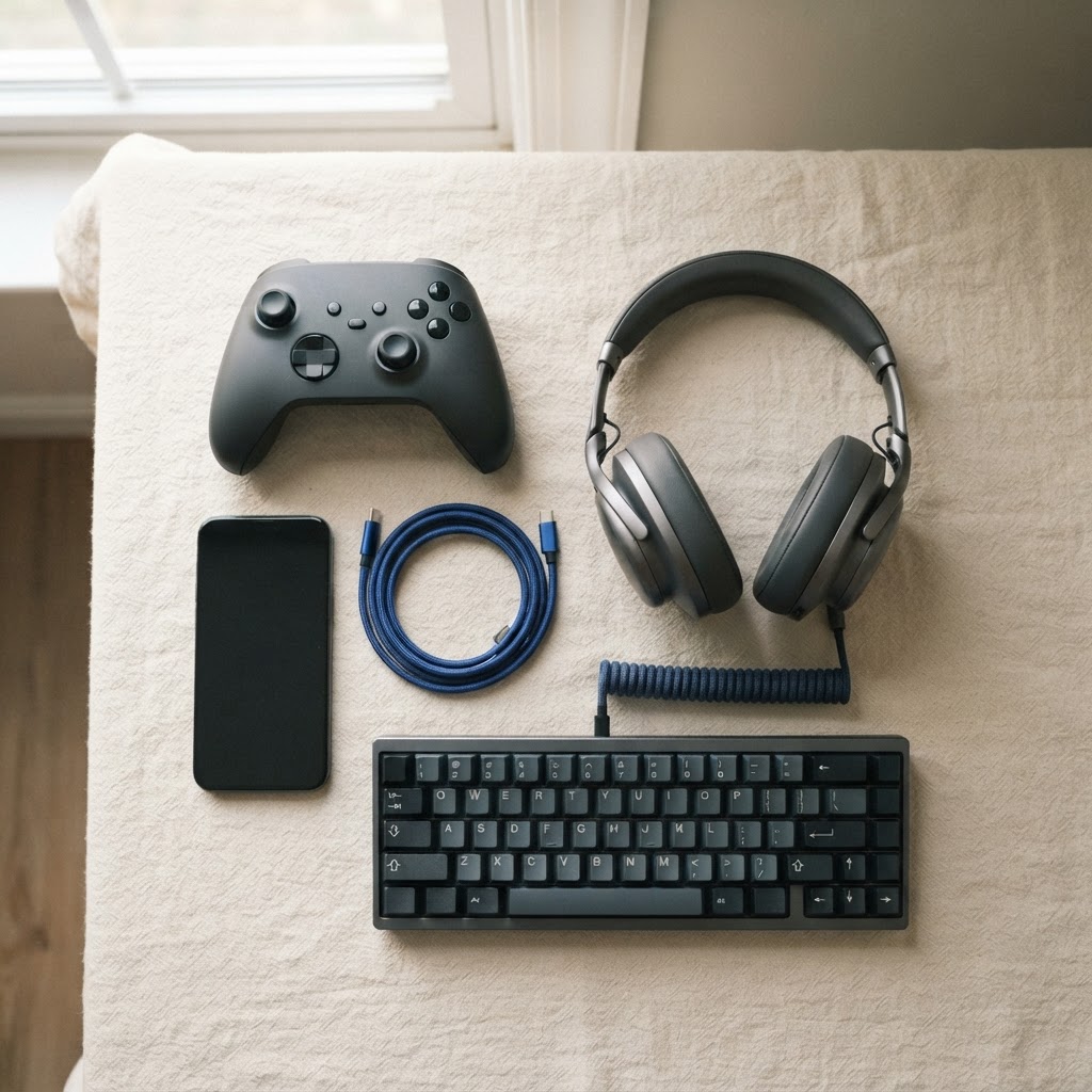 A matte game controller, headphones, smartphone, and small mechanical keyboard on linen.