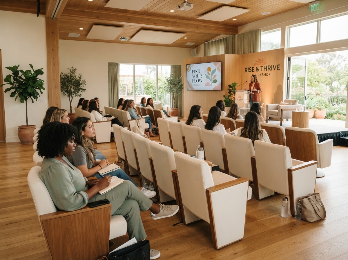 The LOLA event space arranged auditorium-style for a women's workshop