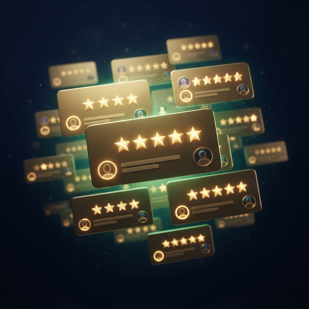 Cluster of five-star Google review cards building social proof