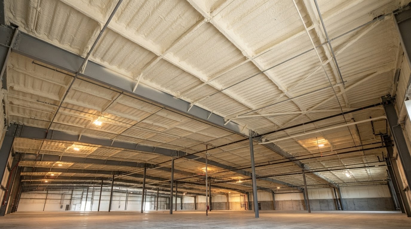 Illustrative commercial building interior with spray foam insulation