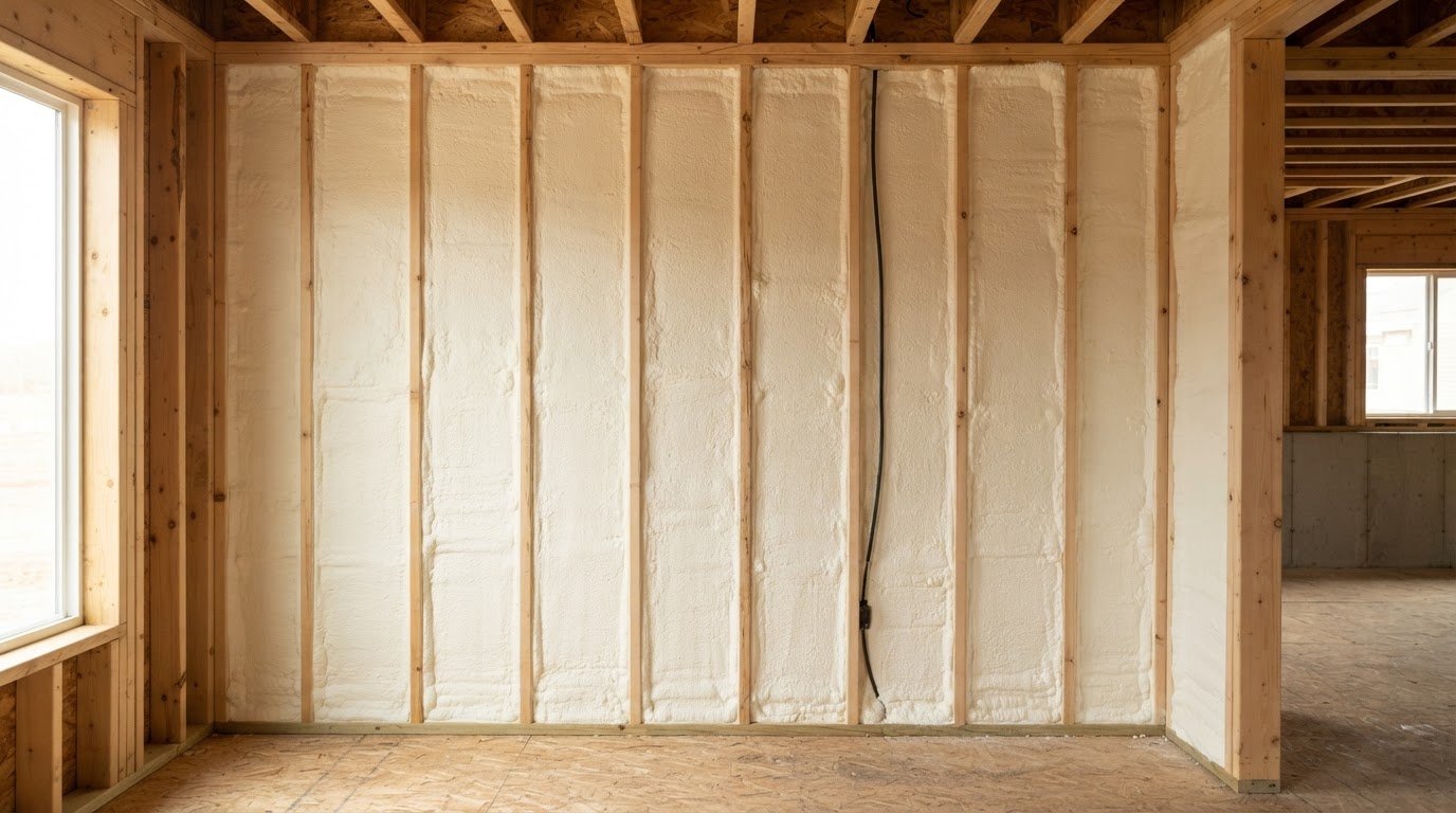 Illustrative residential wall cavity with spray foam insulation
