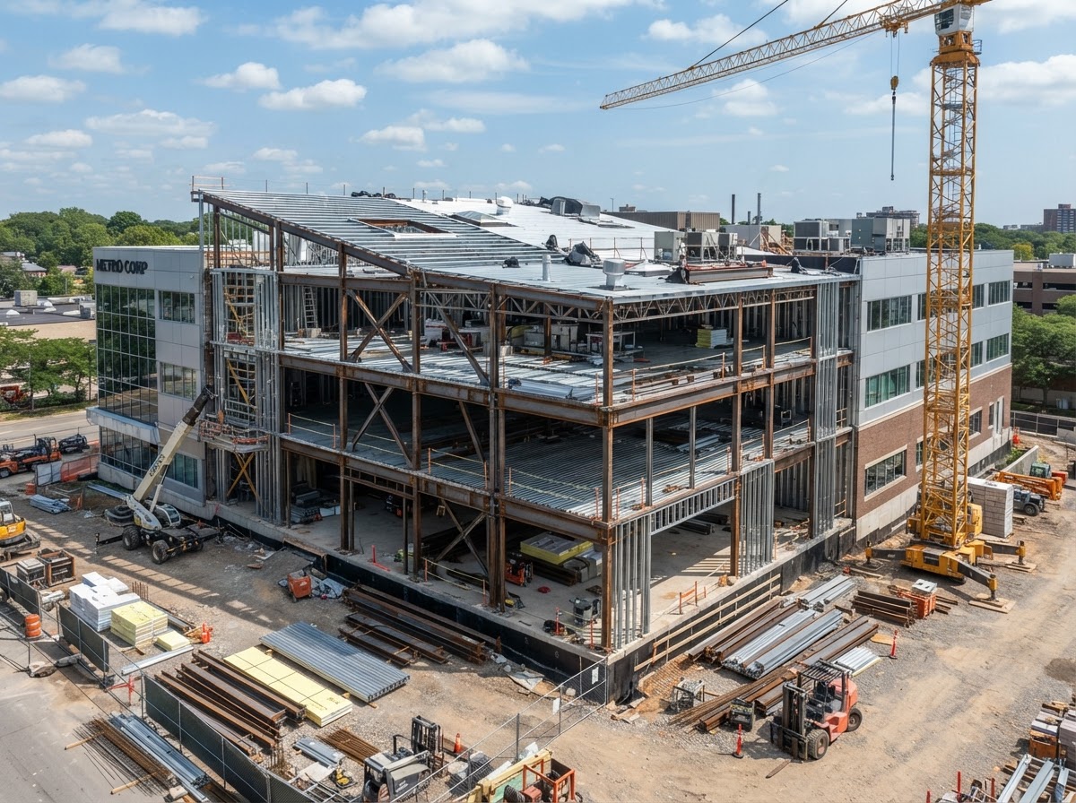 Commercial building addition under construction with steel framing