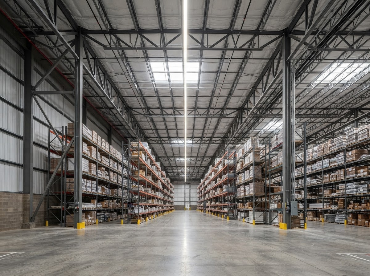 Commercial storage warehouse interior with steel framing
