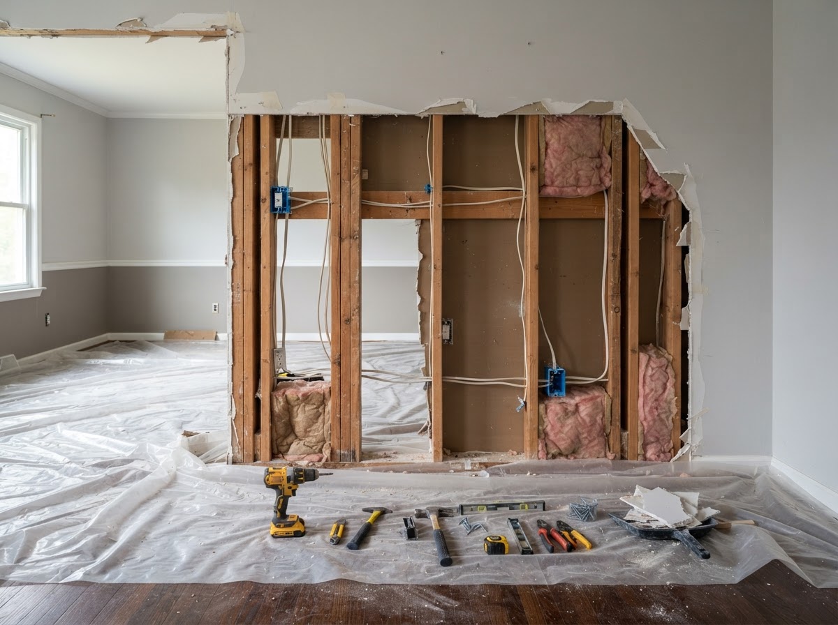 Opened wall cavity with exposed wood studs during a home renovation