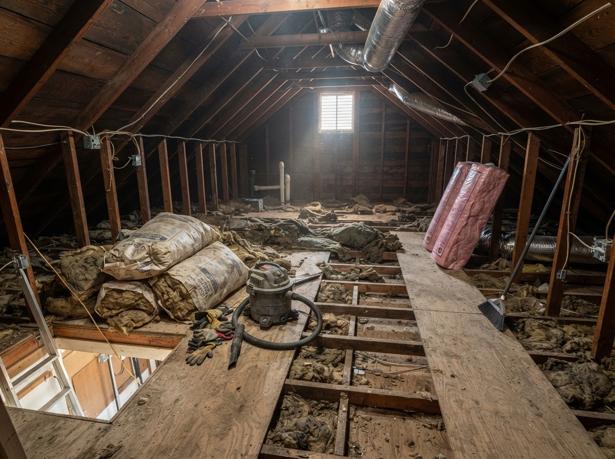 Attic with old damaged insulation being cleared out