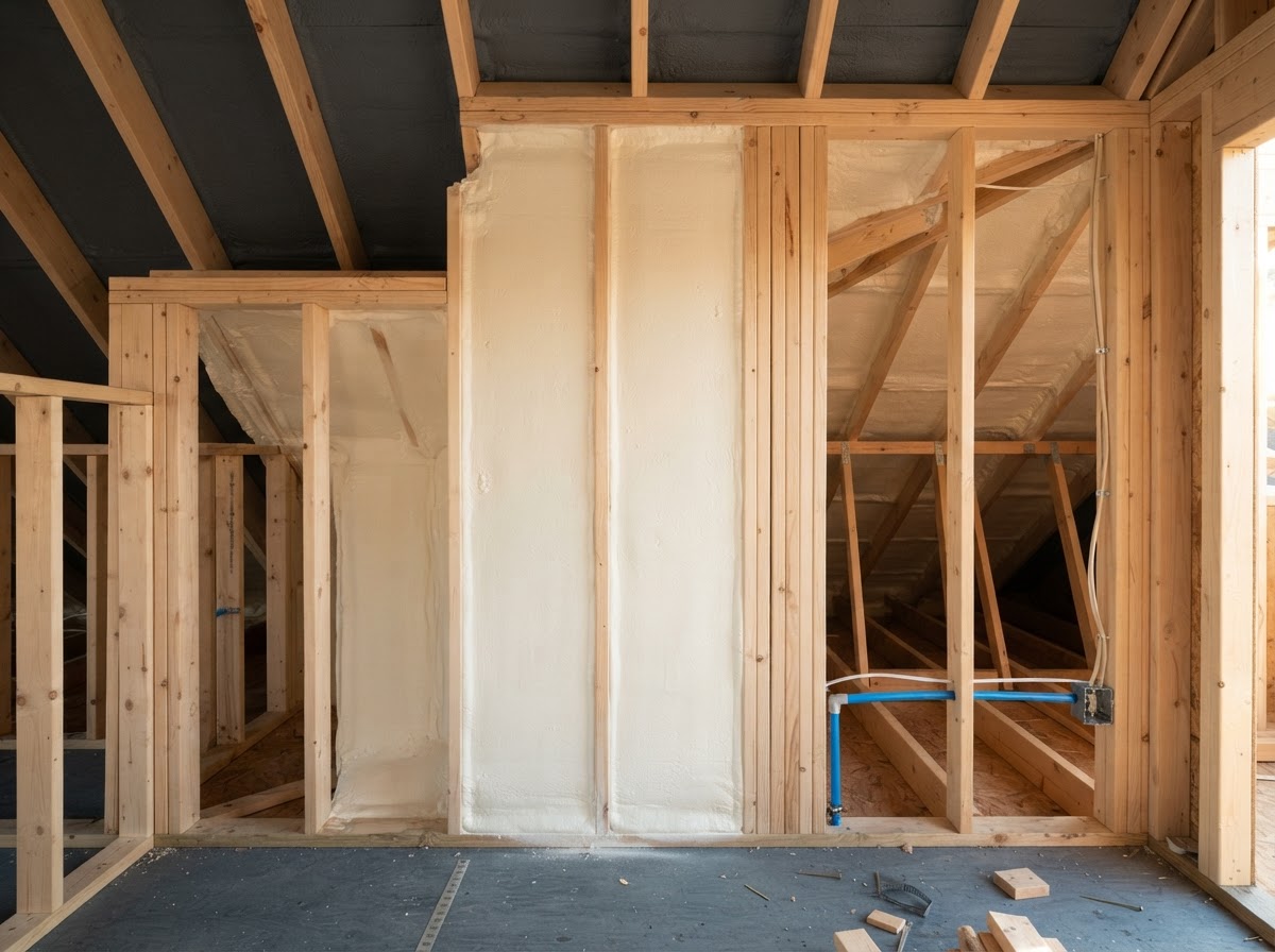 Illustration of a residential spray foam insulation assembly