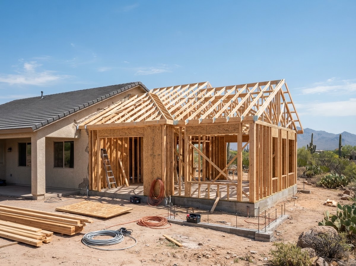 New home addition under construction with exposed framing adjoining an existing house