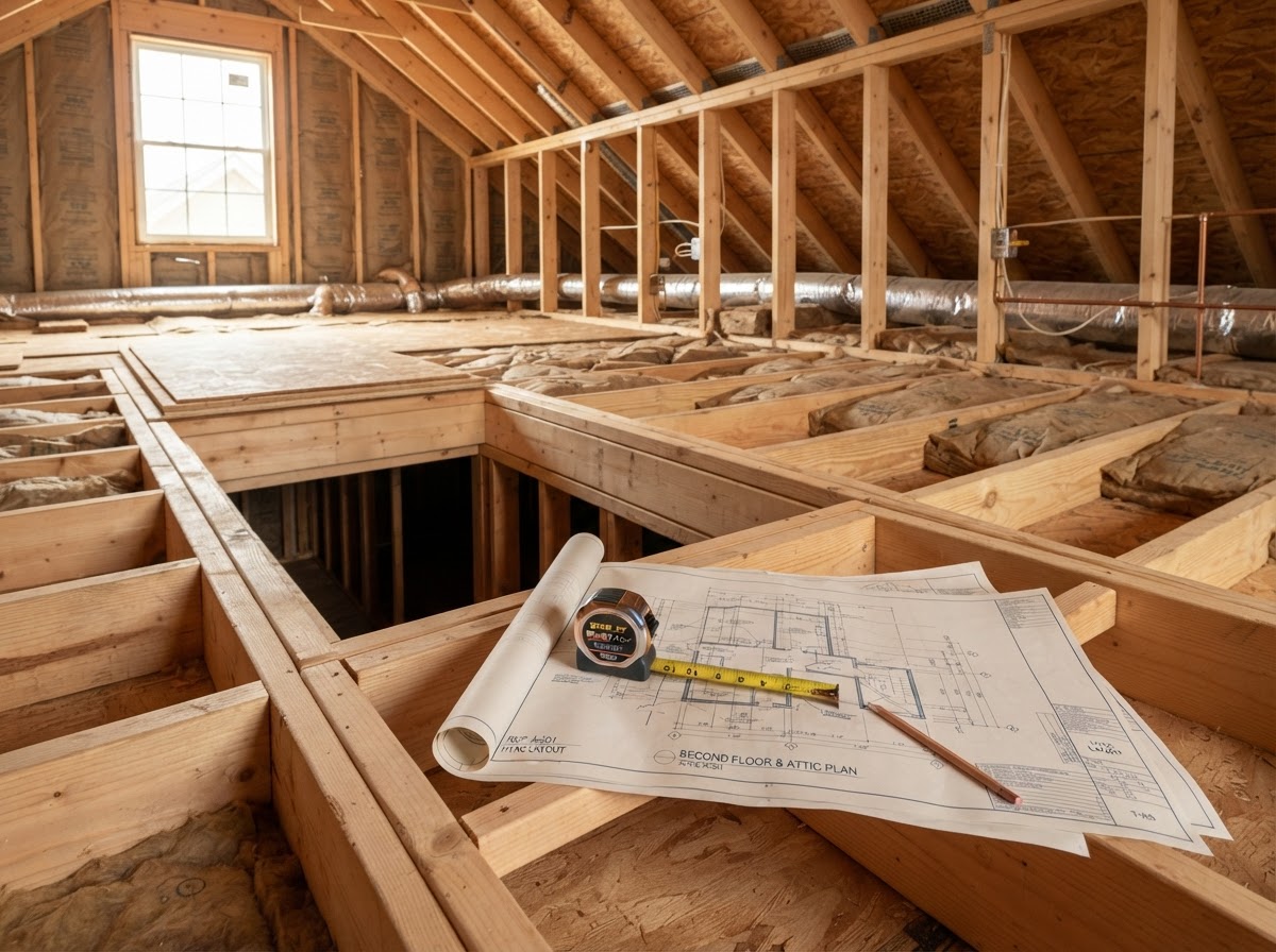 Building plans and a tape measure resting on attic joists