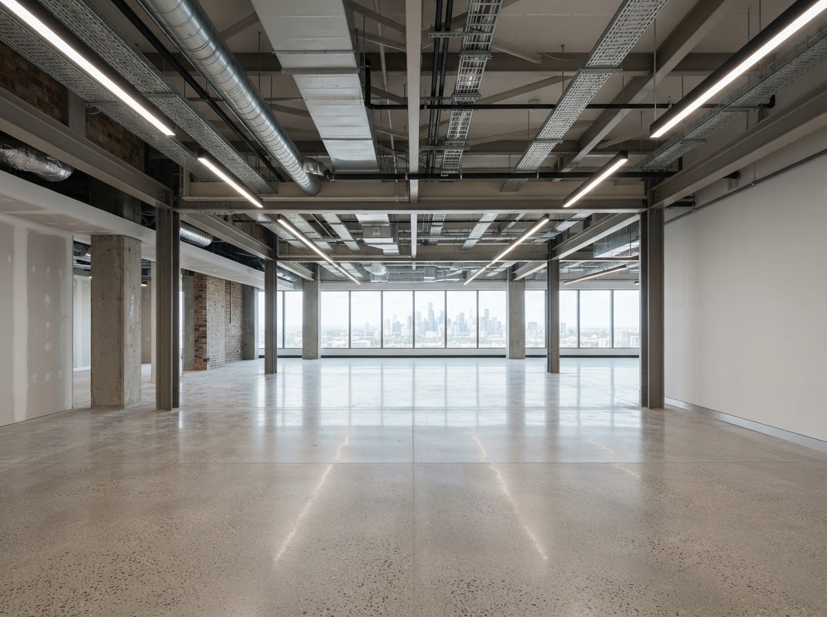 Open-plan office interior with exposed open ceiling structure
