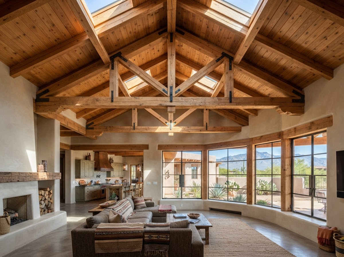 Residential home interior with exposed roof deck and attic framing