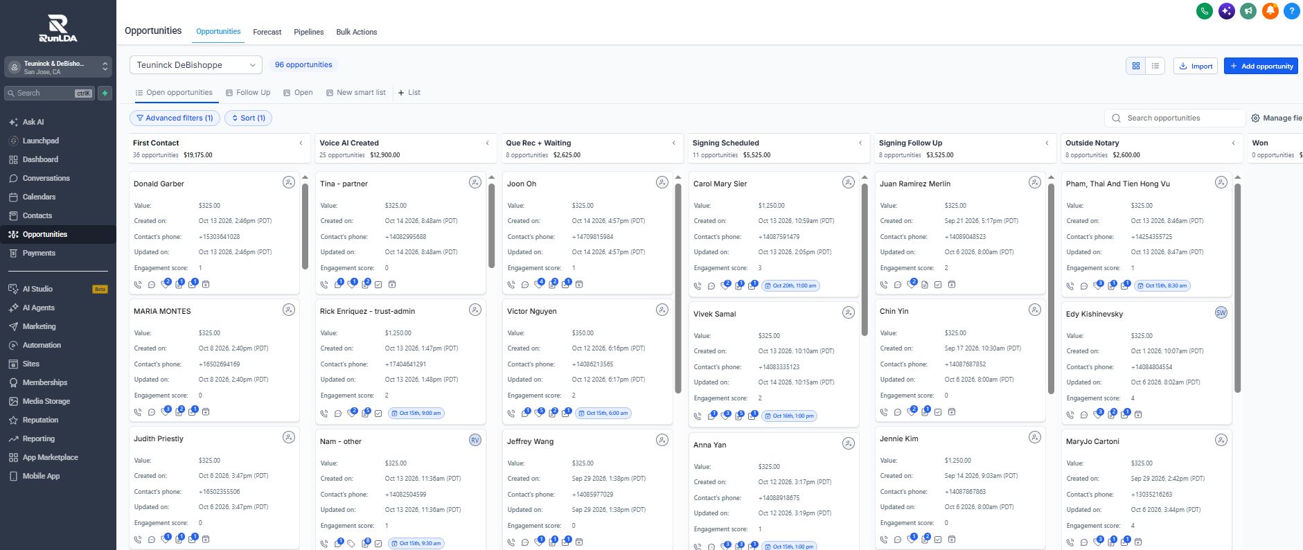 RunLDA Opportunities pipeline showing live stages from First Contact to Signing and Won with matter values and engagement statuses