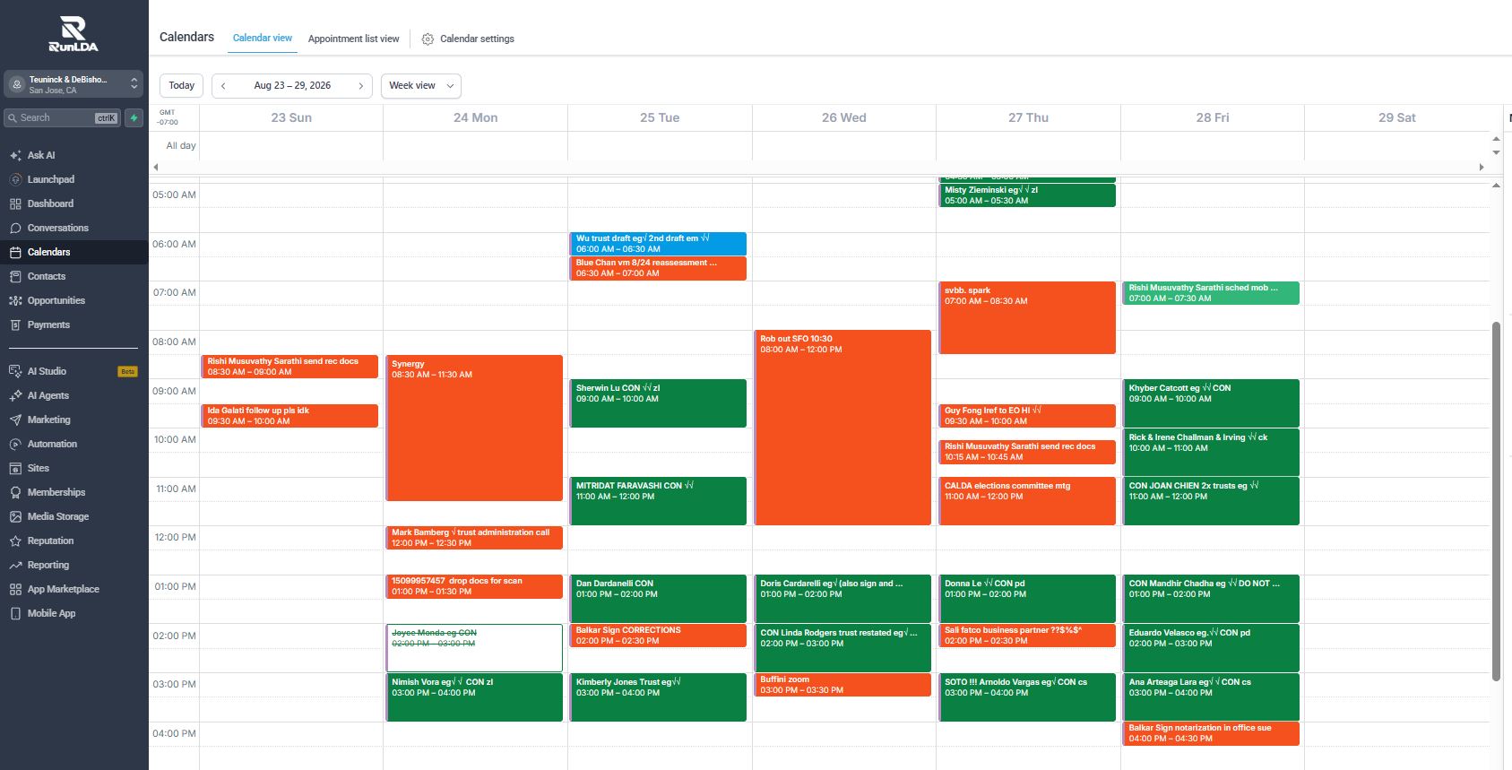 RunLDA Calendar interface showing scheduled consultations, drafting reviews, and signing sessions across a week view