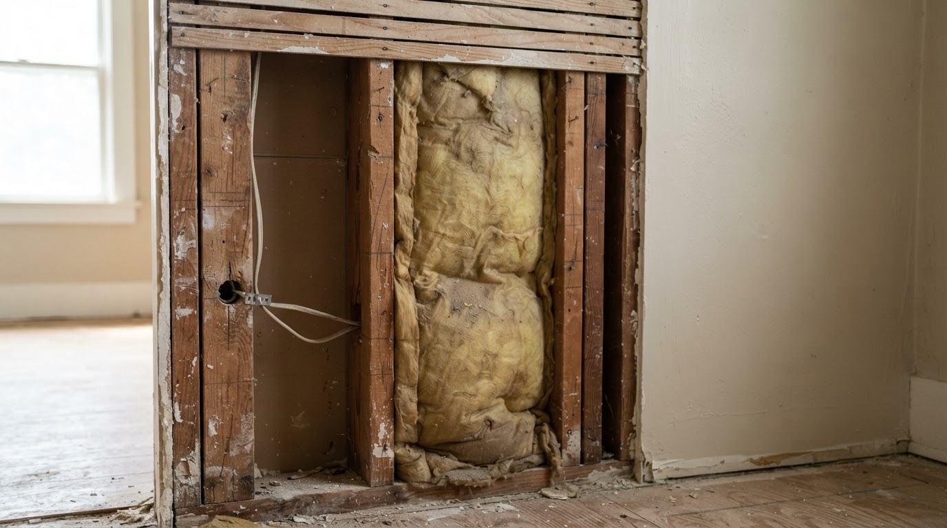 Interior wall cavity with framing and existing insulation reviewed before a retrofit plan