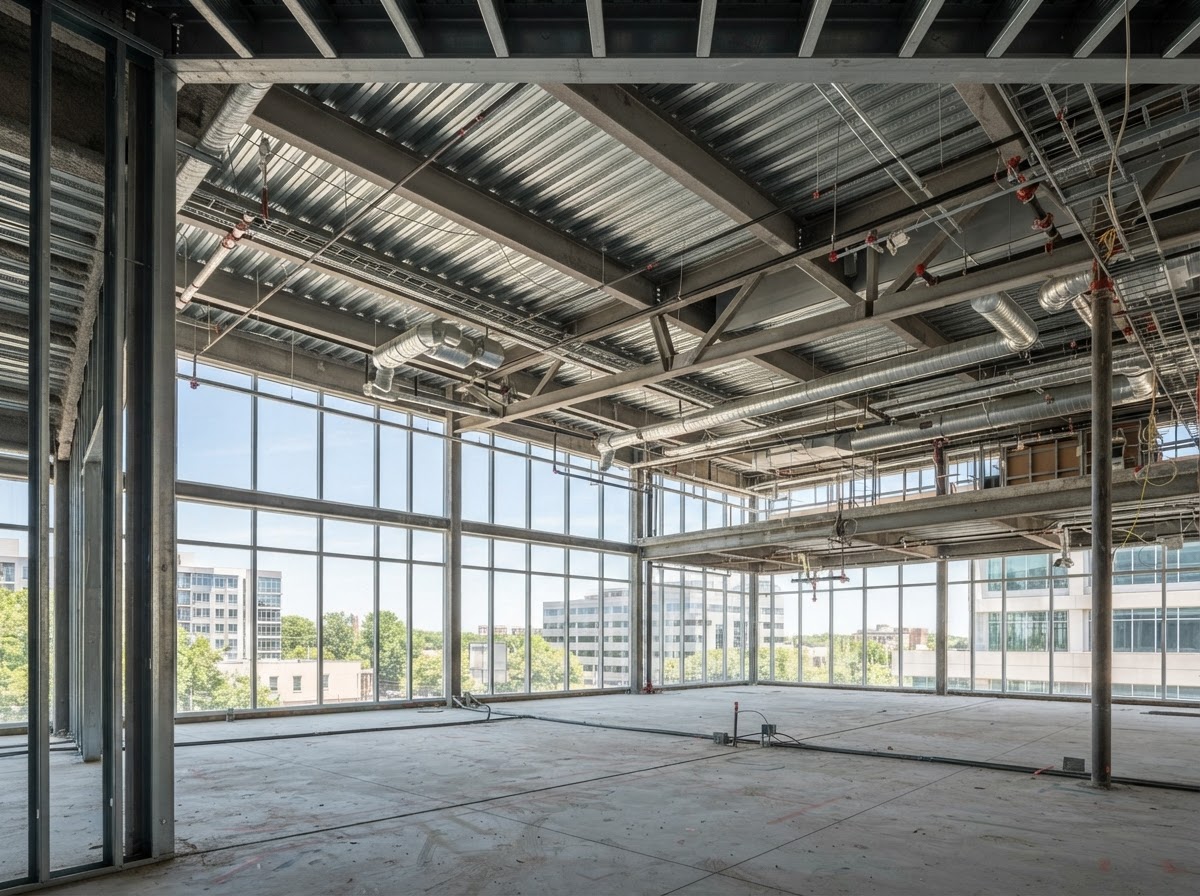 Commercial building interior with exposed steel framing and ductwork