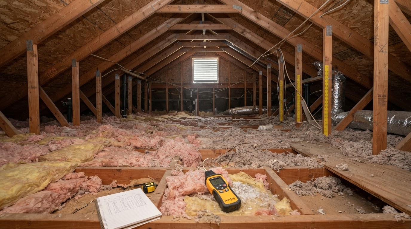 Residential attic with existing loose-fill insulation reviewed during a retrofit assessment