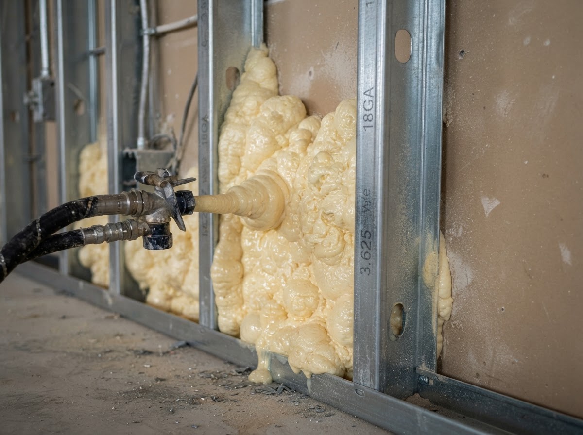 Spray foam insulation applied along a steel stud wall assembly