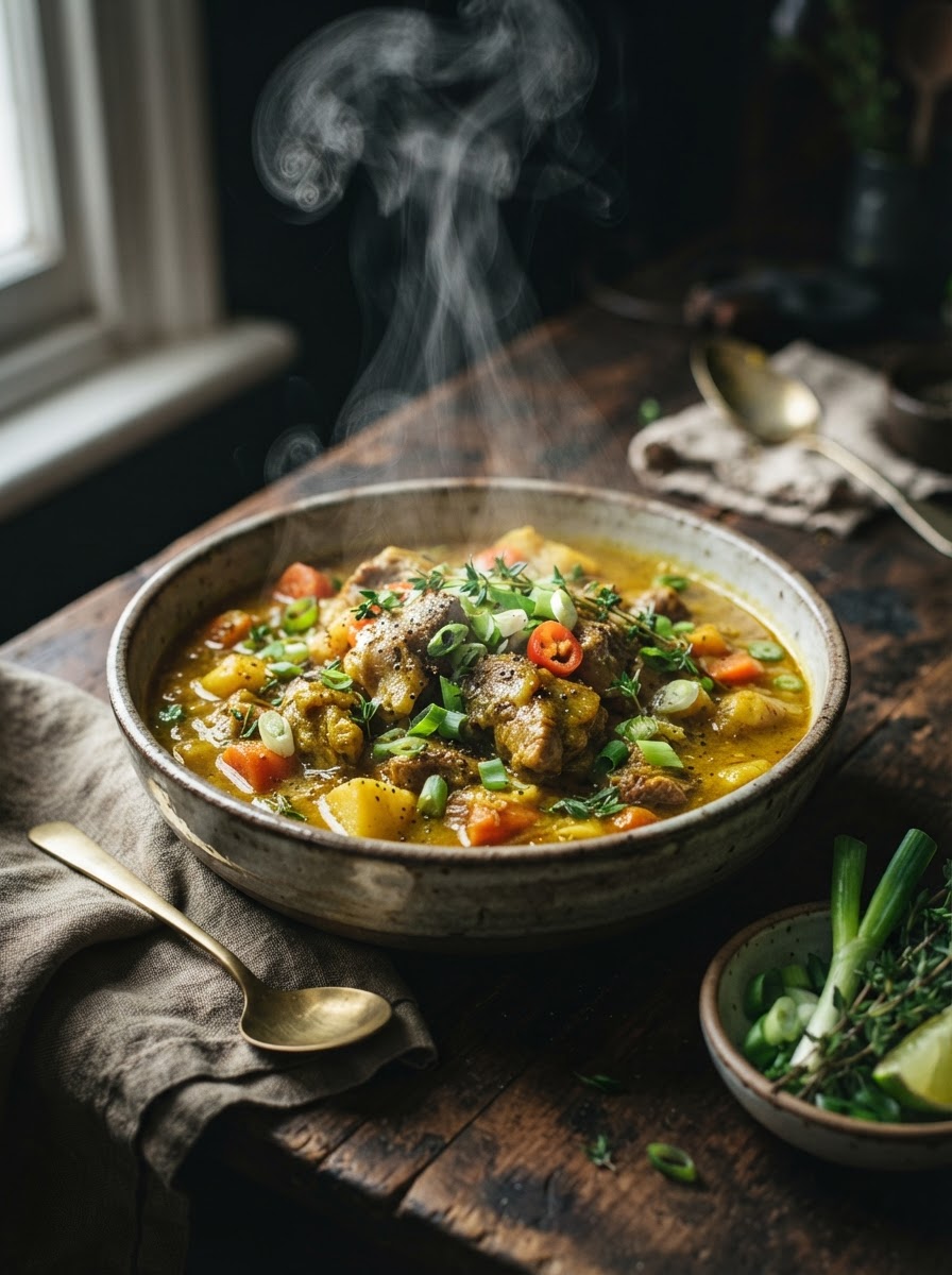 A steaming bowl of Jamaican curry goat